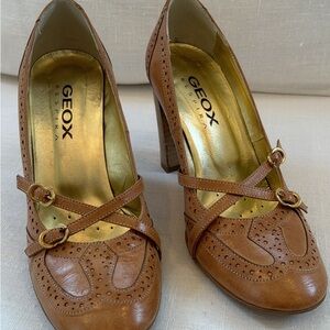 Geox Tan Leather Mary Jane Block Heel Pumps with Cross Straps